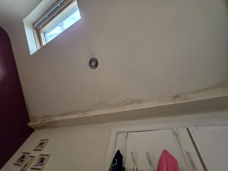 Water stain spreading across a bedroom ceiling from a roof leak