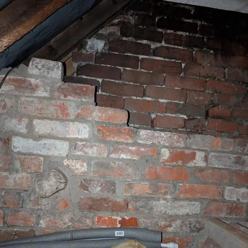 Stepped crack running through old chimney breast brickwork inside a loft